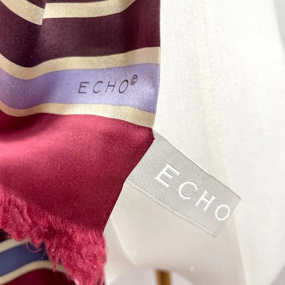 Vintage 90s Echo Silk Scarf Rectangle Satin Striped Jewel Tones Fringe‎ Burgundy